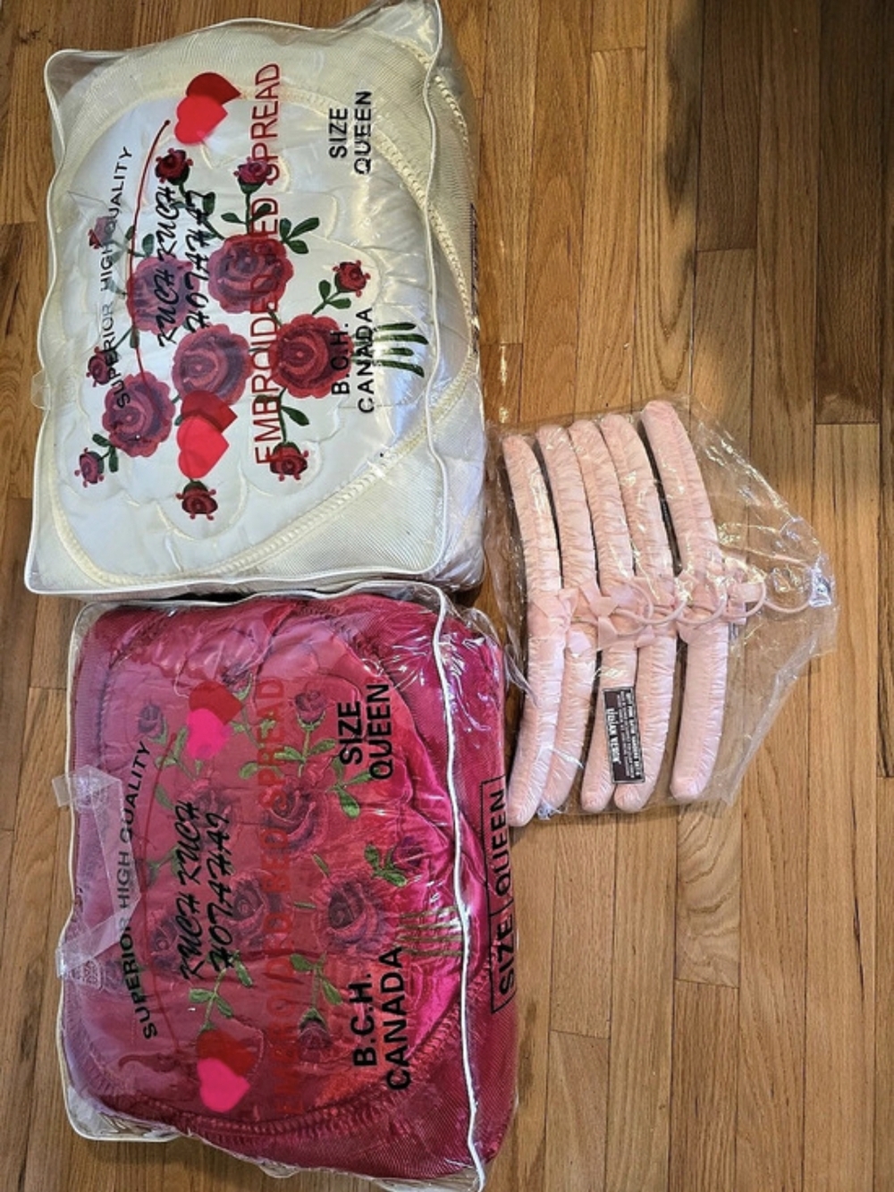 NEW Vintage 1990s Queen Embroidered Bedspread Sets & Satin Hangers